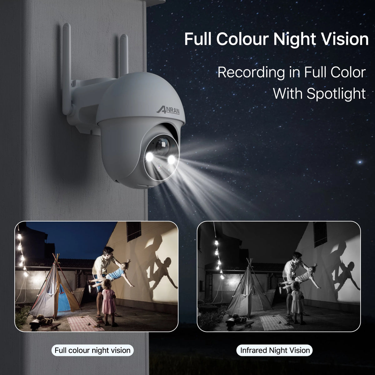 2K Solar Security Camera with Spotlight, 360° View Wireless Outdoor Camera, Waterproof PIR Detection, Rechargeable Battery Powered Home Surveillance Camera with Color Night Vision 2-Way Audio M136