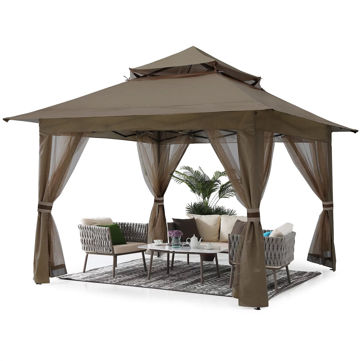 13'x13' Pop up Gazebo Canopy Shelter with Mosquito Netting, Brown Z91607