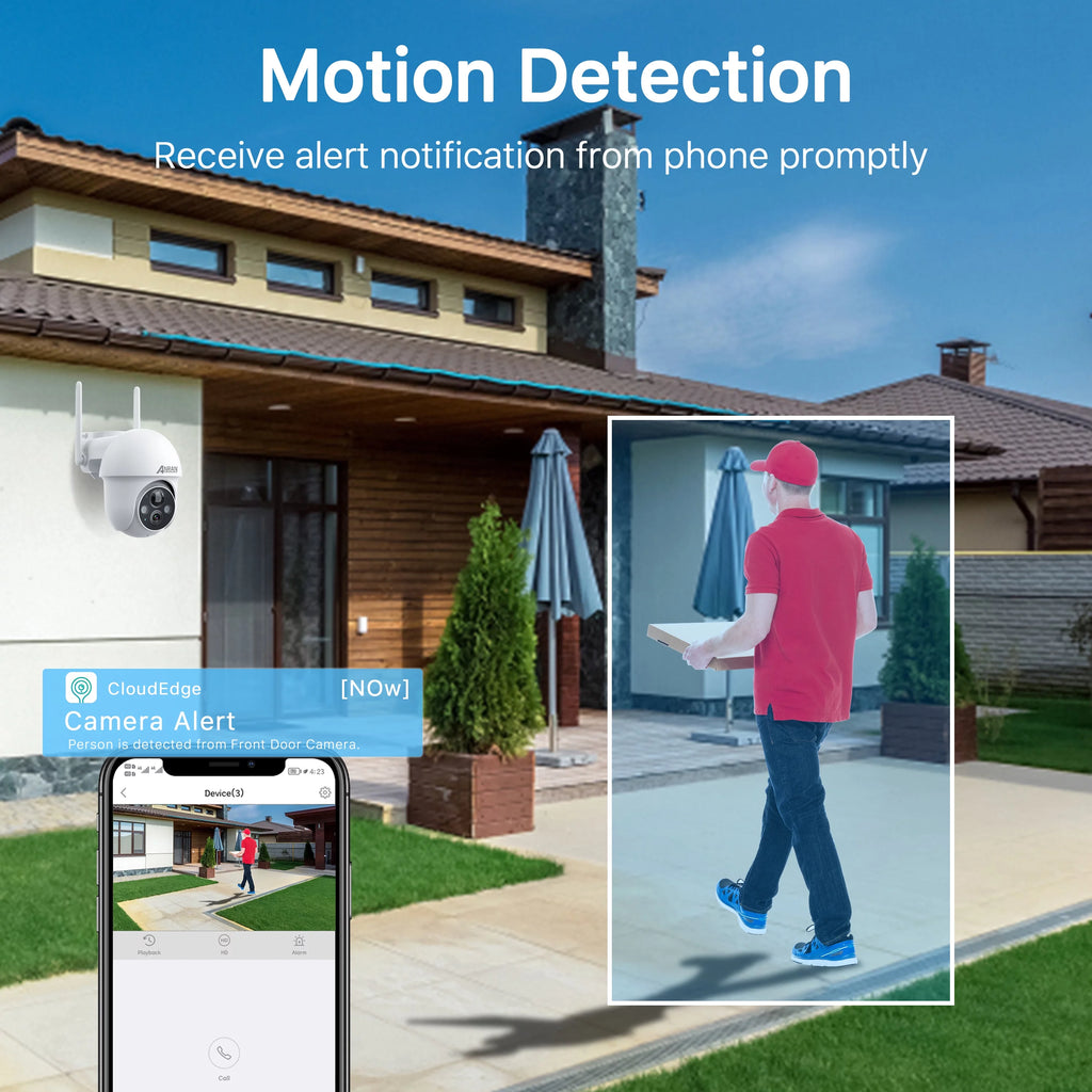 2K Solar Security Camera with Spotlight, 360° View Wireless Outdoor Camera, Waterproof PIR Detection, Rechargeable Battery Powered Home Surveillance Camera with Color Night Vision 2-Way Audio M136
