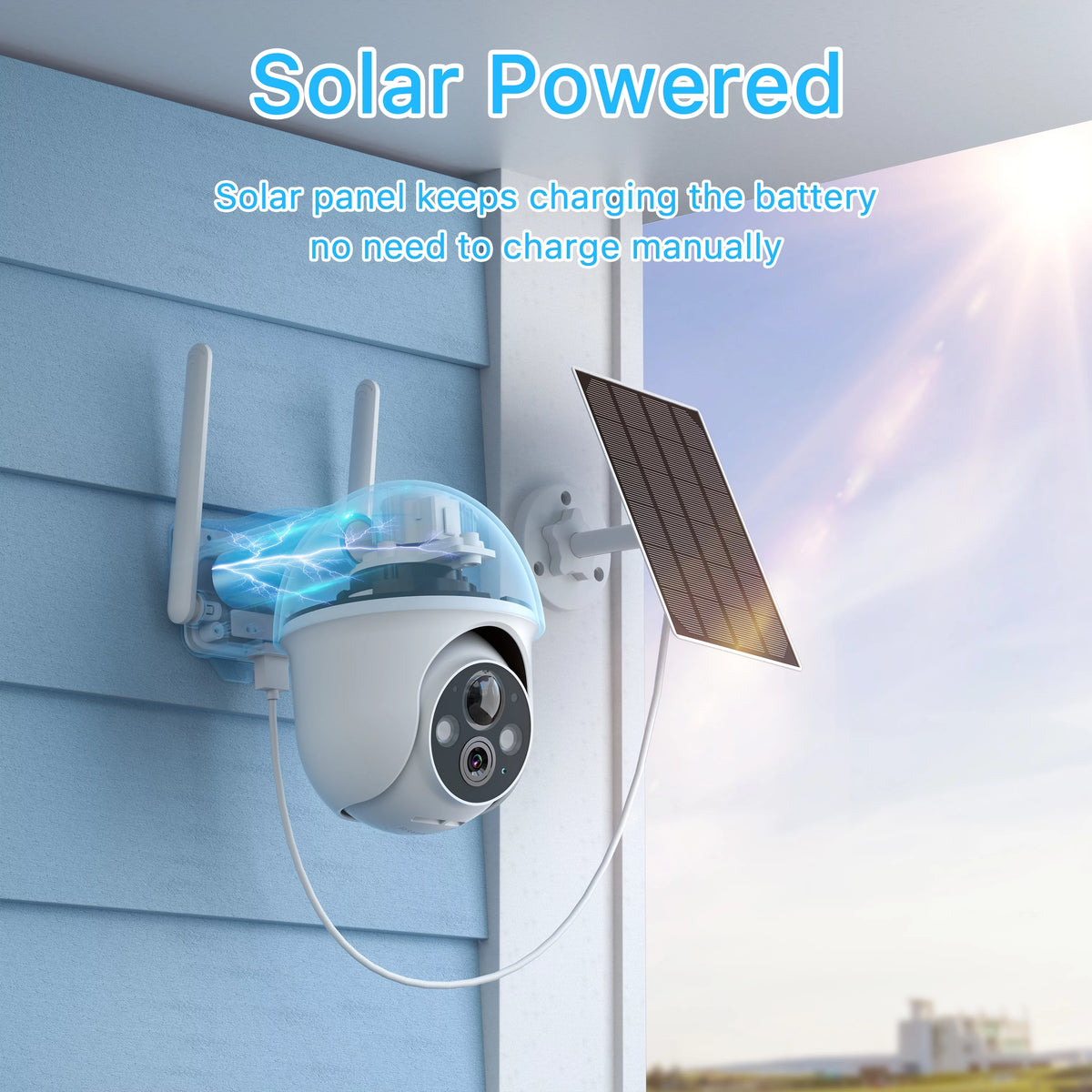 2K Solar Security Camera with Spotlight, 360° View Wireless Outdoor Camera, Waterproof PIR Detection, Rechargeable Battery Powered Home Surveillance Camera with Color Night Vision 2-Way Audio M136